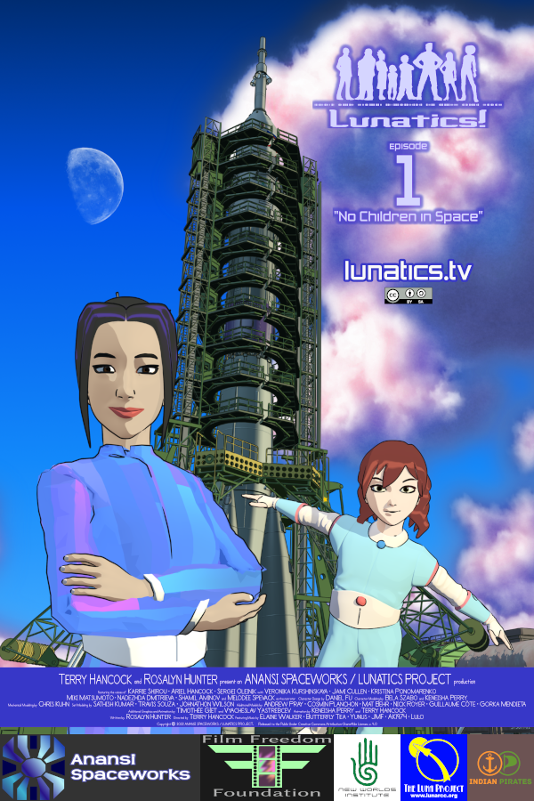 Cover art poster for "Lunatics!" episode one, "No Children in Space".  Shows Hiromi and Georgiana in front of the Soyuz launch pad with cotton-candy clouds and the Moon in the sky.

Planning to have 11x17 or 12x18 prints of this in the merch store.